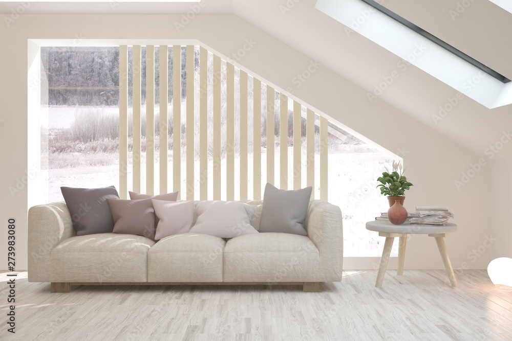 Stylish room in white color with sofa and winter landscape in window. Scandinavian interior design. 3D illustration Stylish room in white color with sofa and winter landscape in window. Scandinavian interior design. 3D illustration
