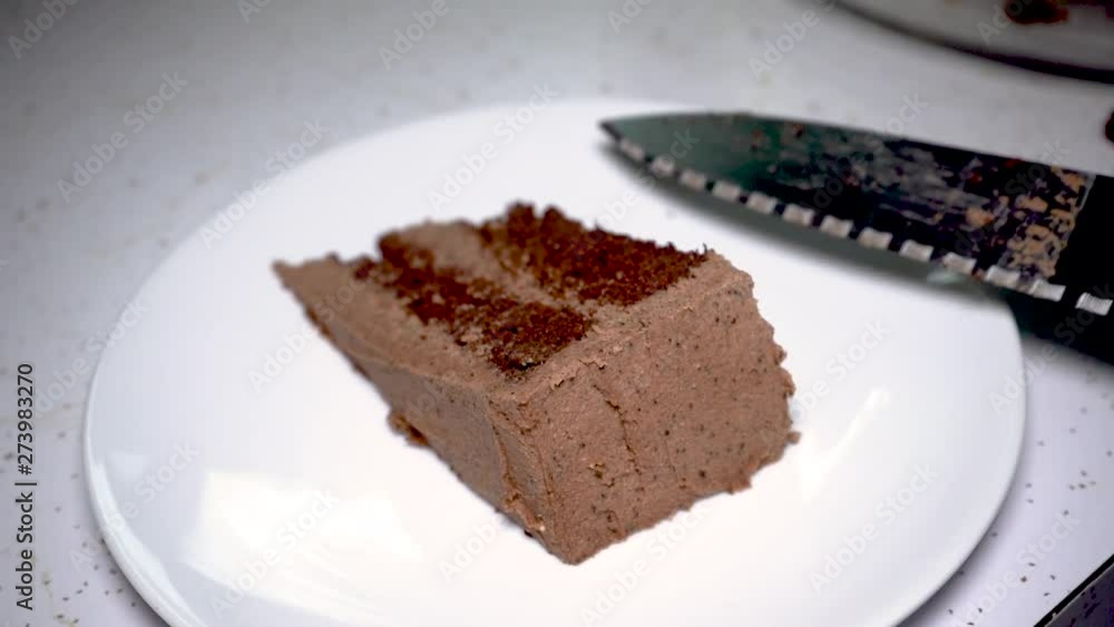 slow motion clip of putting a piece of frosted chocolate cake on a white plate