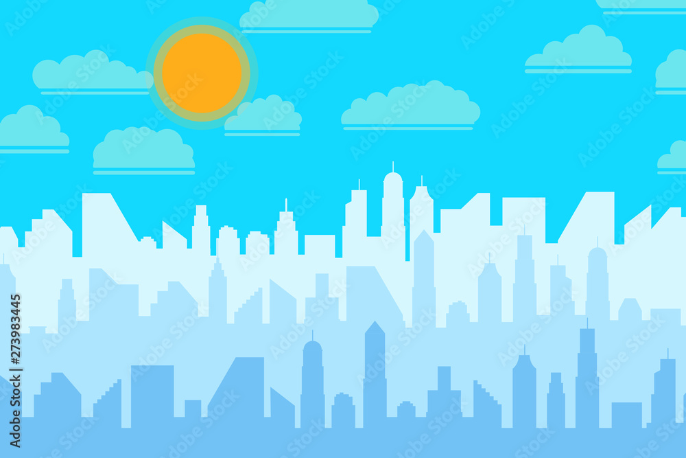 Urban Cityscape. Modern Skyline panorama flat style. Different buildings, skyscrapers, office center. Vector illustration.