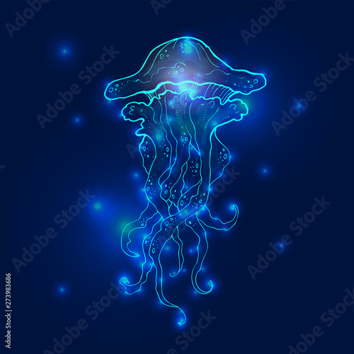 Transparent glowing neon blue and turquoise medusa blubber jellyfish set decorative background poster