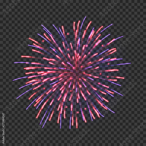 Festive fireworks with blue and res sparkles. Realistic single firework bright flash isolated on transparent background. Holiday celebration colorful vector element for greeting cards decoration
