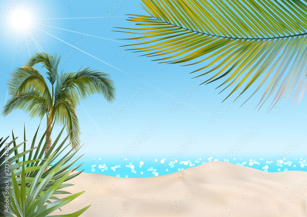 Summer Beach with Palms and Sea Background - Colored Illustration, Vector