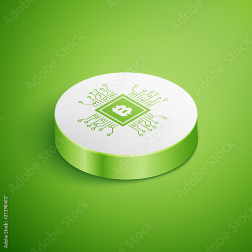 Isometric CPU mining farm icon isolated on green background. Bitcoin sign inside processor. Cryptocurrency mining community. Digital money. White circle button. Vector Illustration