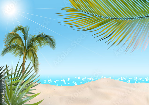 Summer Beach with Palms and Sea Background - Colored Illustration, Vector
