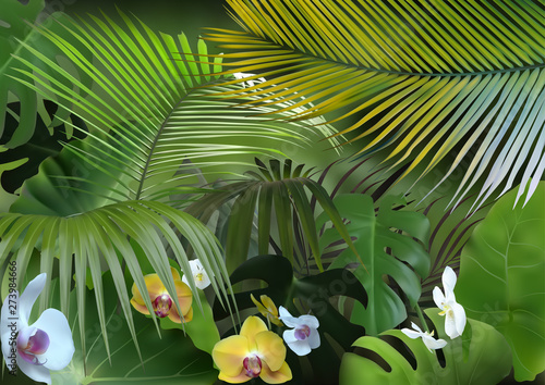 Tropical Background with Photorealistic Vegetation - Exotic Flowers with Detailed Tropical Plants and Blurred Jungle, Vector Graphic