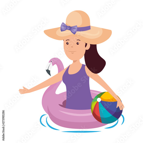 happy young girl with flemish float and balloon beach toy