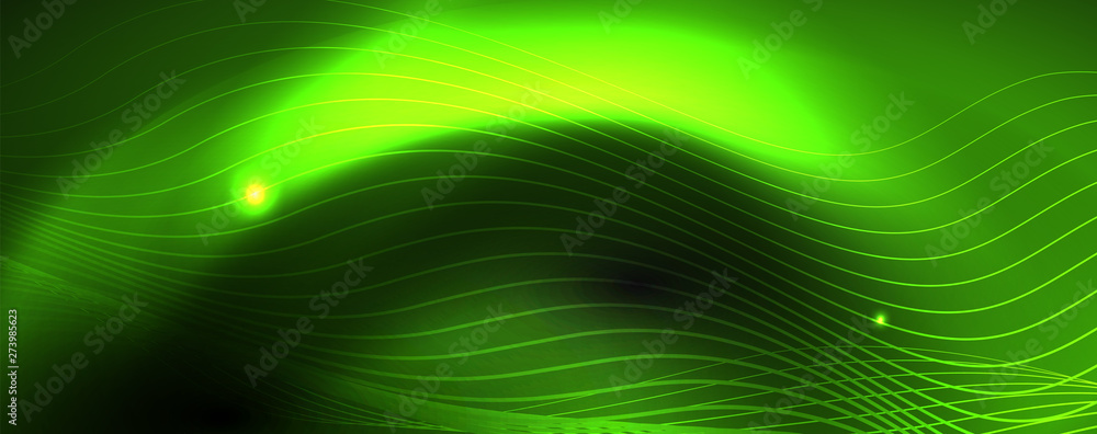 Smoky glowing waves in the dark. Dark abstract background with neon color light and wavy lines. Vector Smoky glowing waves in the dark. Dark abstract background with neon color light and wavy lines. Vector