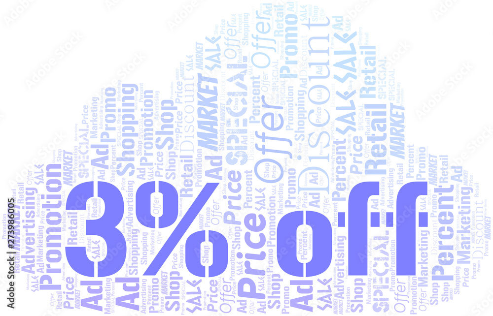 Obraz premium 3% Off word cloud. Wordcloud made with text only.