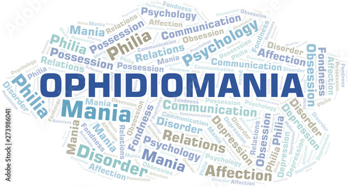 Ophidiomania word cloud. Type of mania, made with text only.