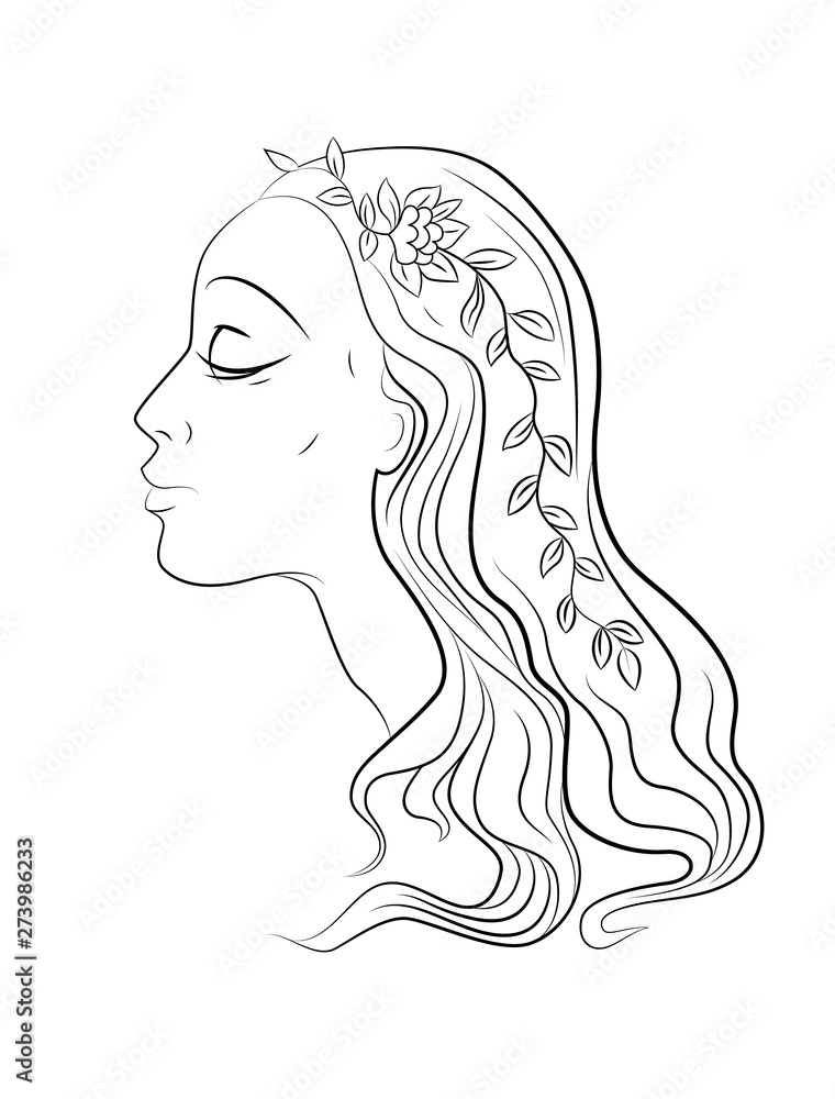 Beautiful graphic girl with flowers in the hairs. Great element for your beauty design. Beautiful graphic girl with flowers in the hairs. Great element for your beauty design.