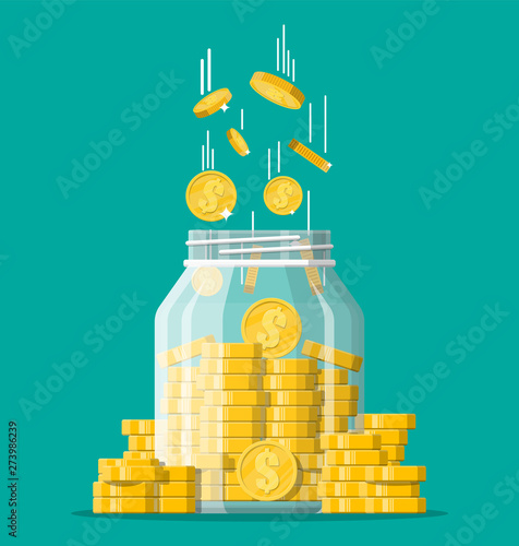 Glass money jar full of gold coins. Saving dollar coin in moneybox. Growth, income, savings, investment. Symbol of wealth. Business success. Flat style vector illustration.