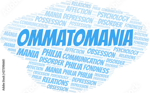 Ommatomania word cloud. Type of mania, made with text only.