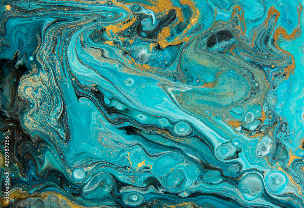 Fototapeta Blue and gold marbling pattern. Golden marble liquid texture.