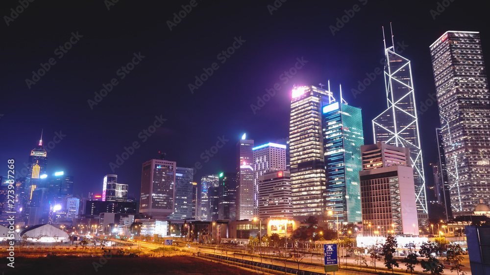 Hong Kong island’s skyline at night, shot from Central Pier.