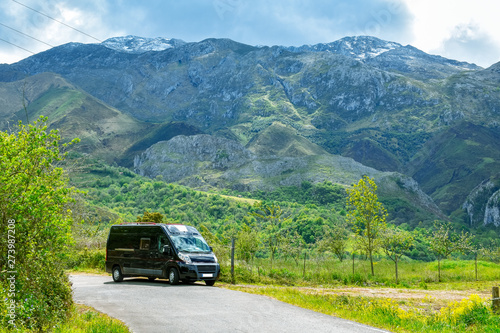 Van Lifestyle in Mountain Landscape. Cares Trekking Route, Asturias