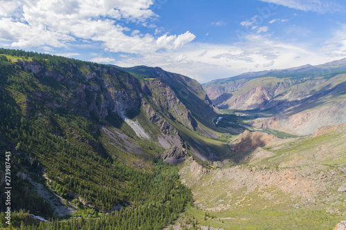 Valley of the river, top view. Altay mountains. Summer sunny day.