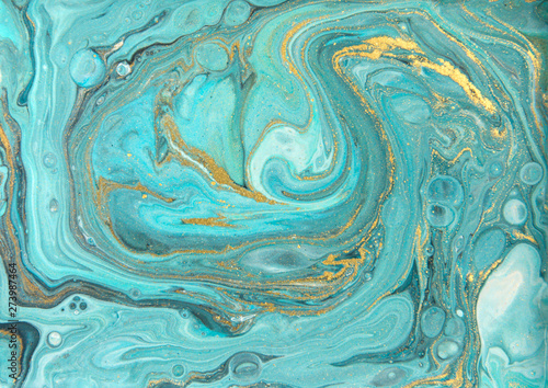 Blue and gold marbling pattern. Golden marble liquid texture. © anya babii