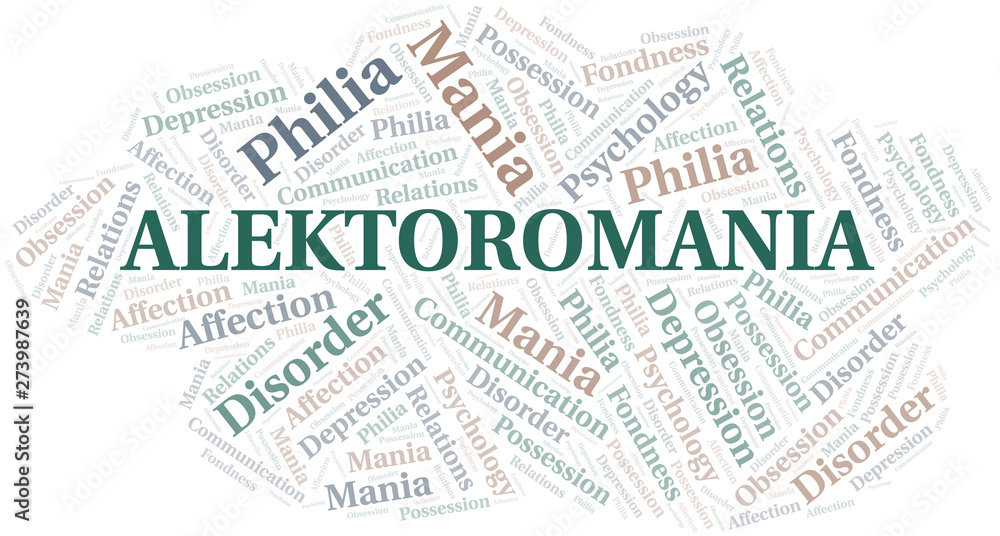 Obraz premium Alektoromania word cloud. Type of mania, made with text only.