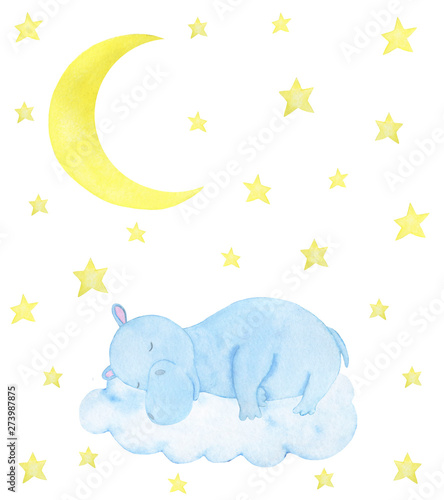  Children illustration watercolor hippopotamus asleep stars moon greeting card design scrapbooking stickers stickers poster congratulations © Ирина Шишкова