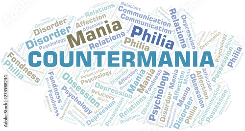 Countermania word cloud. Type of mania, made with text only.