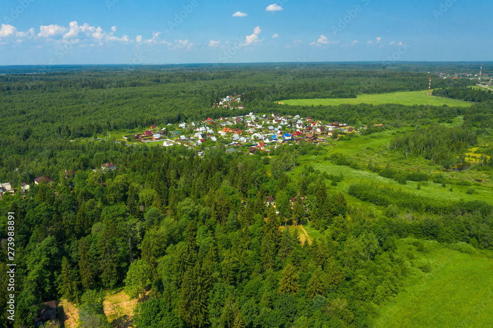 Aerial view on the countryside and the village  on the horizon on a summer day