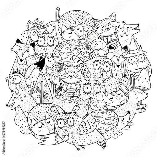 Fantasy forest animals circle shape coloring page. Black and white print