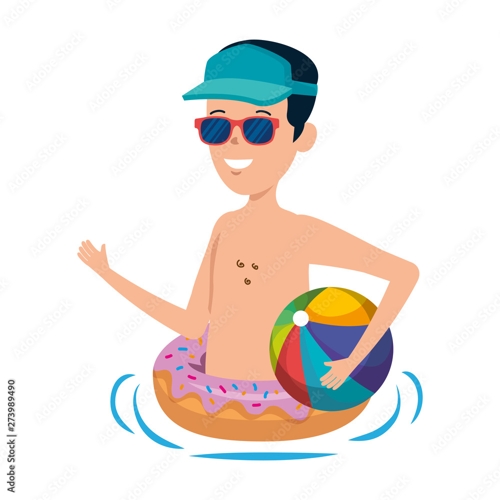 young man with donut float and balloon beach