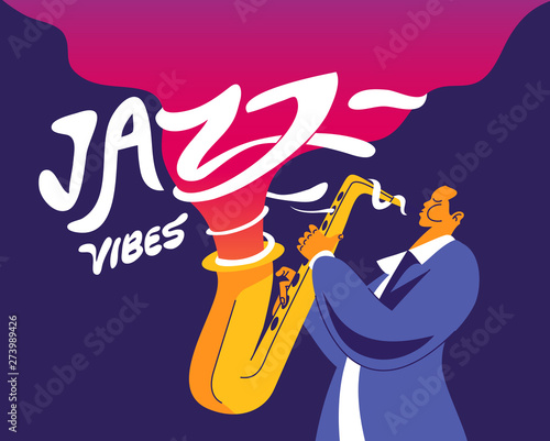 Jazz vibes. Saxophone player with funky headline. 