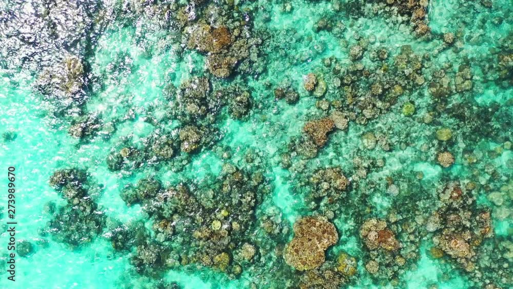 Aerial overhead view. Looking down on some rock in turquoise blue water of the Caribbean Sea. Static, wide angle. Aerial overhead view. Looking down on some rock in turquoise blue water of the Caribbean Sea. Static, wide angle.