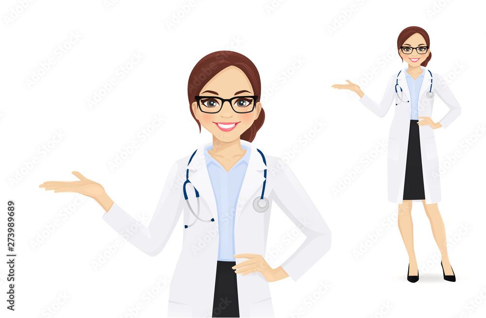Female doctor presenting something isolated vector illustartion Female doctor presenting something isolated vector illustartion