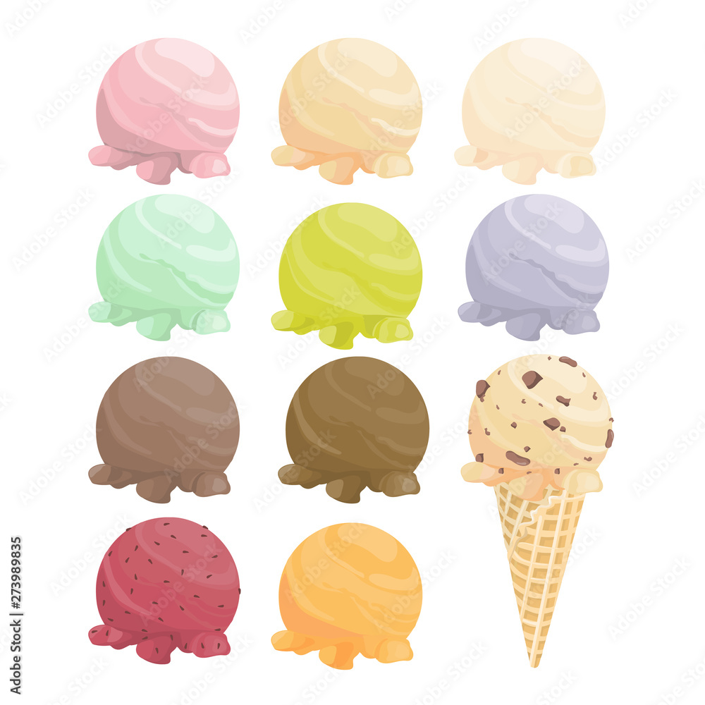Set of cartoon icons. Ice cream scoops and waffle cone. Different favors  and colors - vector Stock Vector | Adobe Stock