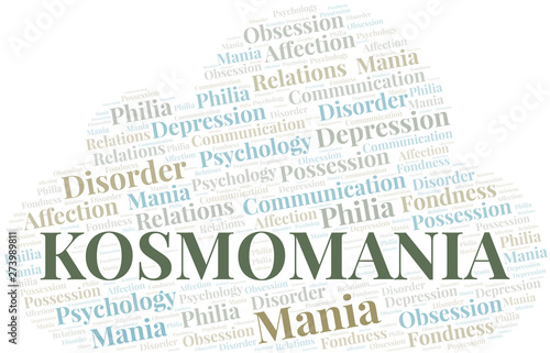 Kosmomania word cloud. Type of mania, made with text only.