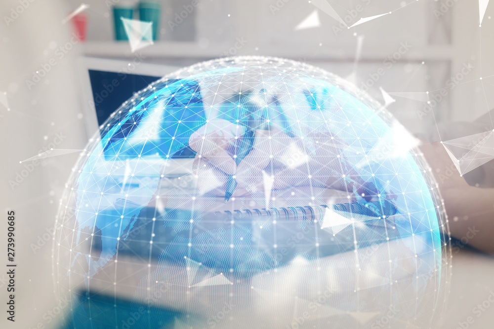 International business hud over woman's hands writing background. Concept of hard work. Double exposure International business hud over woman's hands writing background. Concept of hard work. Double exposure
