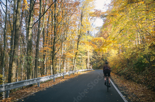 Autumn bike ride with climbing up in the valley covered with golden leaves