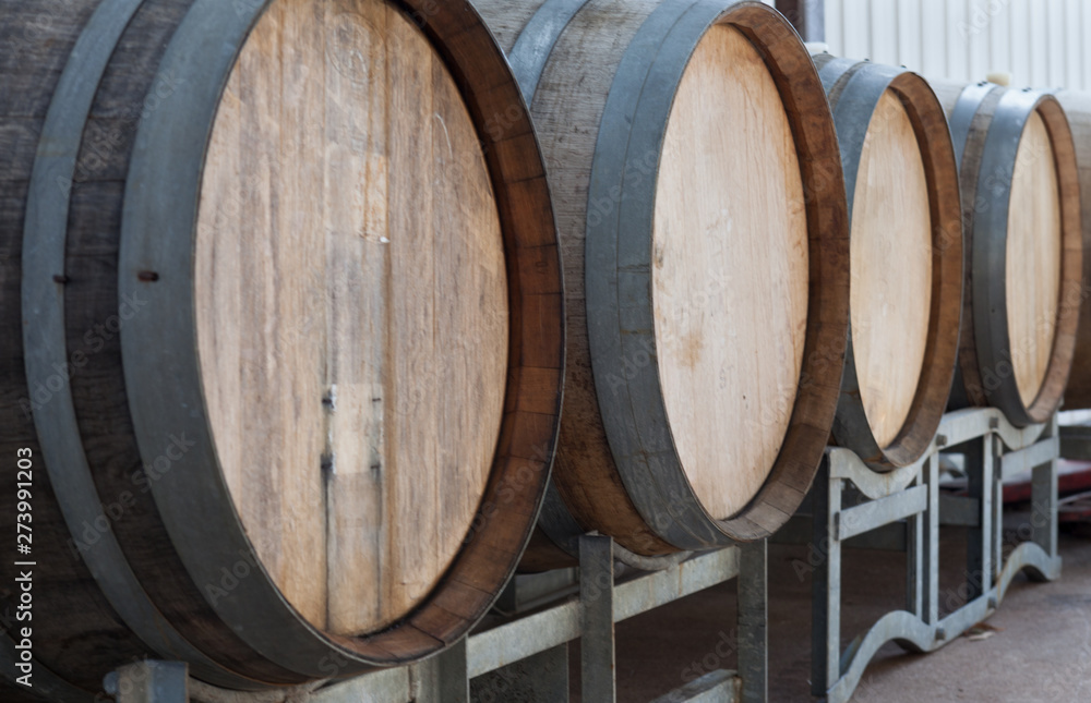 A row of wooden barrels stand ready to store the new wine harvest and impart their own special flavours.