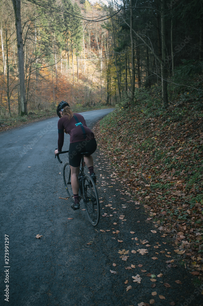 Fototapeta premium Autumn bike ride with climbing up in the valley covered with golden leaves