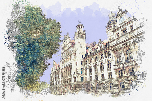 Watercolor sketch or illustration of a beautiful view of a traditional classical old building in Leipzig, Germany.
