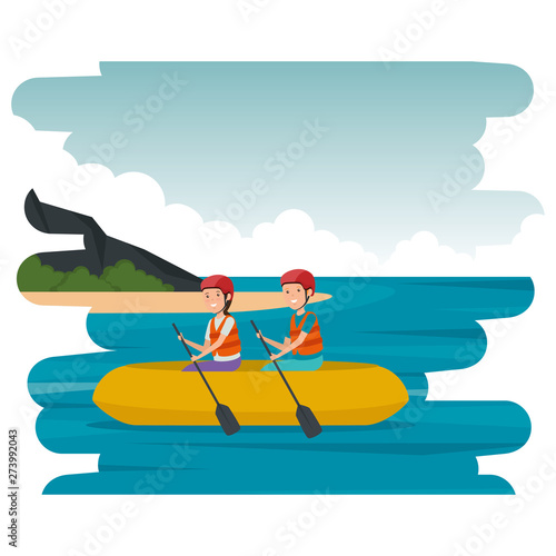 happy athletic couple in kayak on the beach