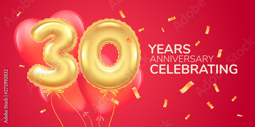 30 years anniversary vector logo, icon. Template banner with heart air hot balloon