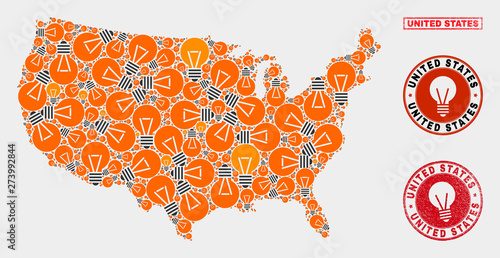Electric lamp mosaic United States map and rubber rounded stamps. Mosaic vector United States map is composed with light lamp items. Templates for electric services. Orange and red colors used.