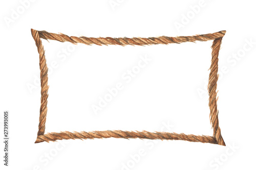 Watercolor painting of Brown rope frame. Isolated on white background. Nautical style.