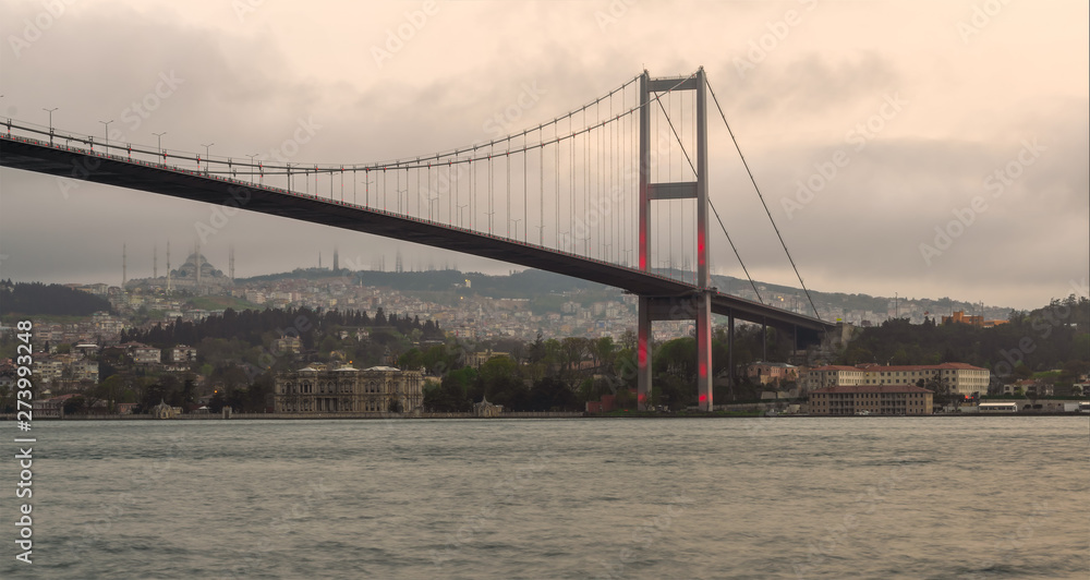 Naklejka premium Sunset shot of Bosporus Bridge, Ortakoy district, Istanbul Turkey