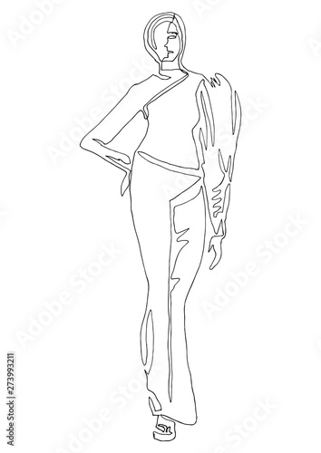 Fashion women sketch. Fashion illustration for magazine. Fashion silhouette of model in line sketching. Hand drawn young lady model. Woman silhouette in black ink lines illustration black white 