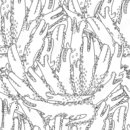 Black and white seamless pattern with funny crocodiles. Coloring page for adults and children