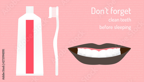 do not forget clean teeth before sleeping tonight. big smile beautiful teeth and flesh breathing. good dental mouth show nice tooth. character background. vector illustration eps10