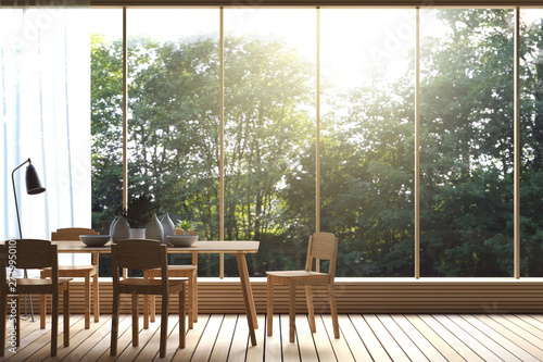 3D Rendering : illustration of Modern dining room with nature view. decorate room with wooden cozy style interior. large window looking to nature and forest with sunlight. white curtain. © ittoilmatar