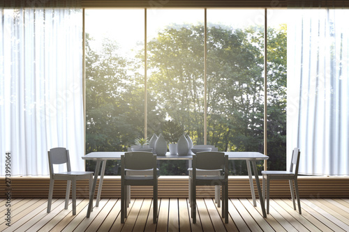 3D Rendering : illustration of Modern dining room with nature view. decorate room with wooden cozy style interior. large window looking to nature and forest with sunlight. white curtain. © ittoilmatar
