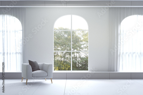 3D Rendering : illustration of Modern living room with nature view. soft sofa decorate room with wooden cozy style interior. large window looking to nature and forest with sunlight. white curtain.
