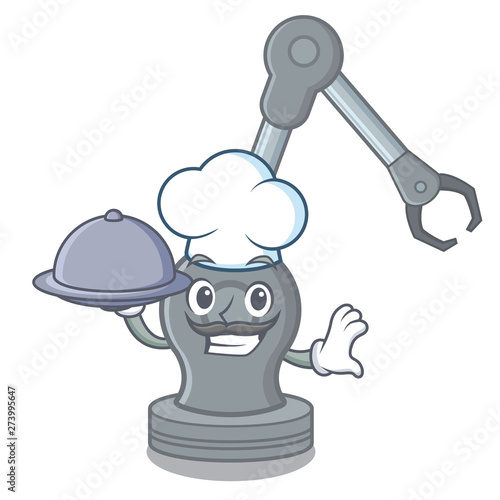 Chef with food robotic arm machine in the mascot