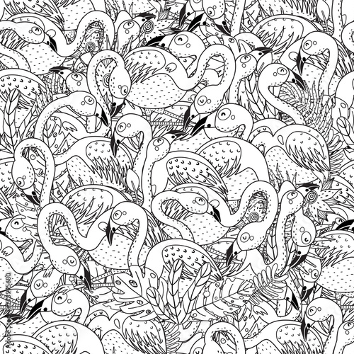 Black and white flamingos seamless pattern. Coloring page for adults and children